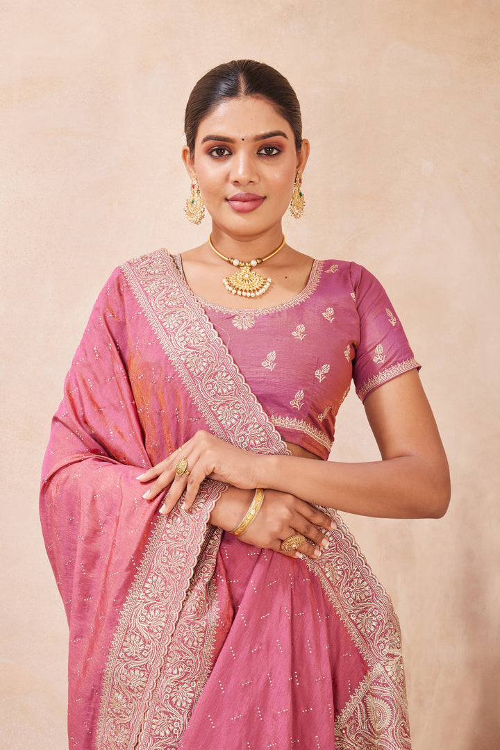 Pink Color Silk Designer Saree with Embroidered and Swarovski Work