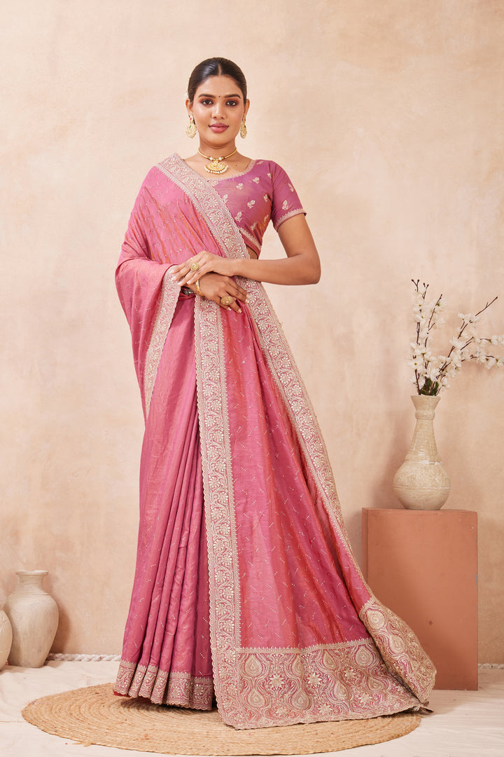 Pink Color Silk Designer Saree with Embroidered and Swarovski Work