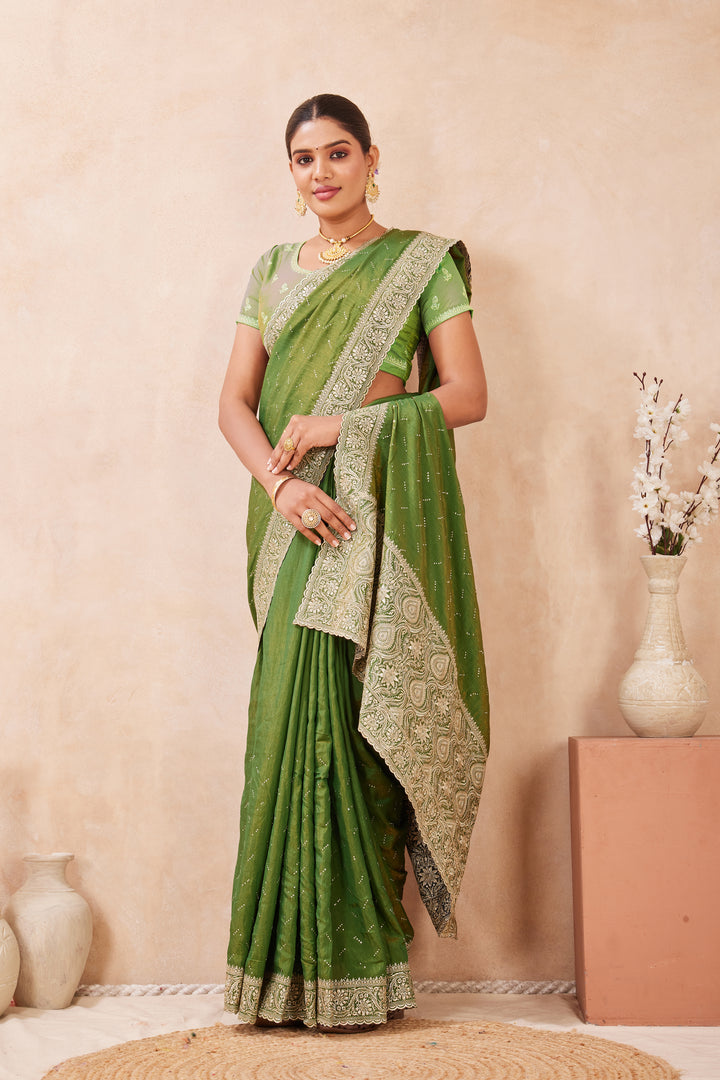Green Color Silk Embroidered and Swarovski Work Classical Saree