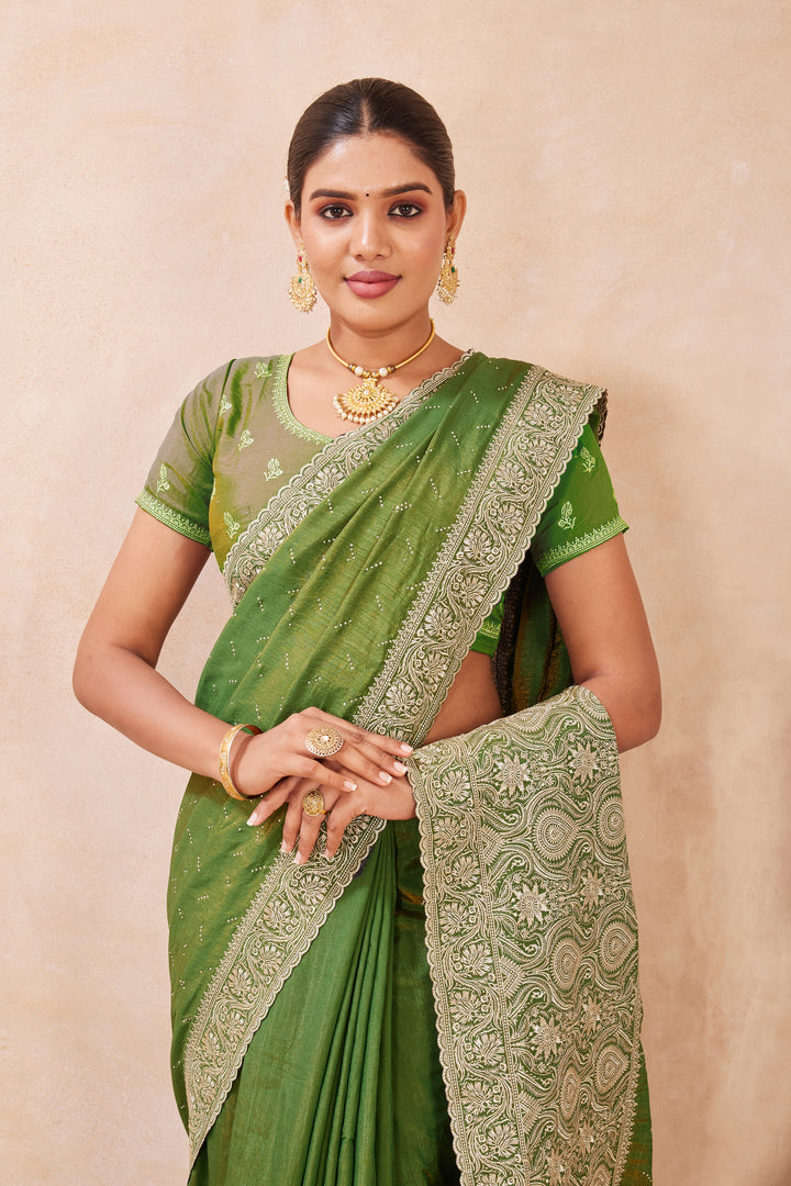 Green Color Silk Embroidered and Swarovski Work Classical Saree