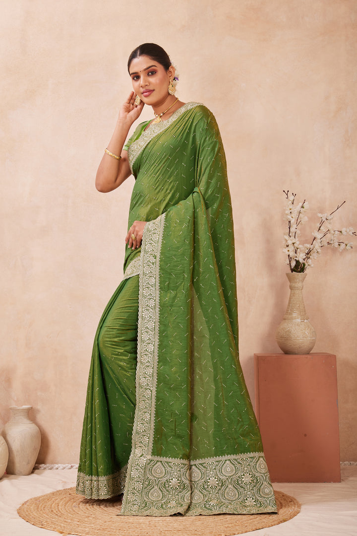 Green Color Silk Embroidered and Swarovski Work Classical Saree