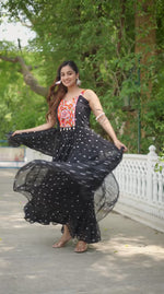 Load and play video in Gallery viewer, Attractive Black Georgette Gamthi, Mirror and Polka Dotted Work Designer for Ceremonial Gown
