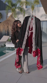 Load and play video in Gallery viewer, Adorable Red Color Zari Embroidered Ice Velvet Wedding Wear Palazzo Suit