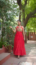 Load and play video in Gallery viewer, Eye Catchy Red Color Georgette Designer  with Gamthi, Mirror and Polka Dotted Work Gown
